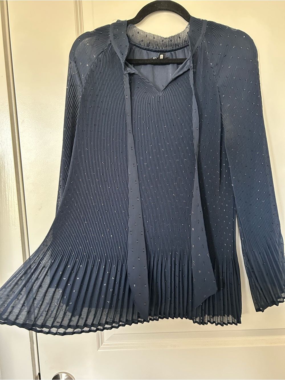 Roz & Ali Navy Pleated Long-Sleeve Blouse with Tie Neck - Picture 4 of 6